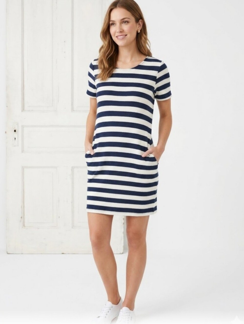 Wishlist By J Crew. Navy and Cream Striped Knit Short Sleeve Dress With Pockets